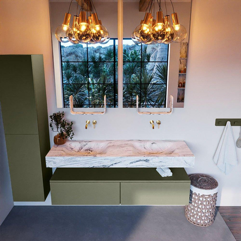 Mondiaz ALAN-DLUX Ensemble de meuble - 150cm - meuble Army mat - 2 tiroirs - Lavabo Cloud Glace suspendu - vasque Gauche et droite - 0 trous de robinet SW805979