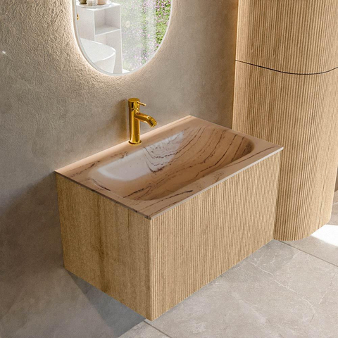 MONDIAZ KURVE-DLUX 70cm badmeubel kleur Oak met 1 lade en 0 deuren. Wastafel BIG SMALL Midden 1 kraangat Arena. SW1431089