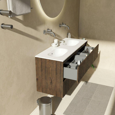 Saniclass Holz Atelier Ensemble de meubles de salle de bains - 120x45x74cm - Chaci lavabo en céramique blanc - 2 vasques - sans trous de robinetterie - 2 tiroirs - chêne charcoal mat (bois) SW1478824