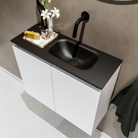 MONDIAZ TURE Toiletmeubel 60x23x50cm met 0 kraangaten 2 deuren talc mat Wastafel Eden rechts Solid Surface Zwart SW475235