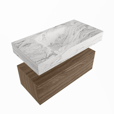 Mondiaz ALAN-DLUX Ensemble meuble de salle de bains - 90cm - 1 tiroir - lavabo suspendu CLOUD - Glace - central - sans trou de robinet - Mocha SW1236531