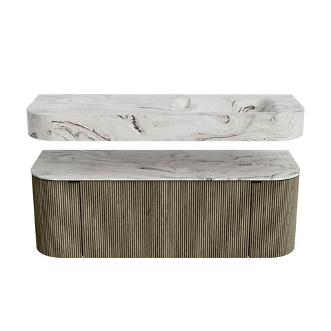 MONDIAZ THOR-DLUX 130cm badmeubel ronding links + rechts kleur Shadow met 1 lade en 2 deuren. Vrijhangende wastafel CLOUD Rechts zonder kraangat kleur Glace. SW1463743