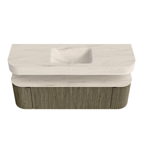 MONDIAZ THOR-DLUX 150cm meuble de salle de bains arrondi gauche + droite couleur Shadow avec 1 tiroir et 2 portes. Vasque suspendue CLOUD Milieu sans trou de robinet couleur Meli. SW1464768