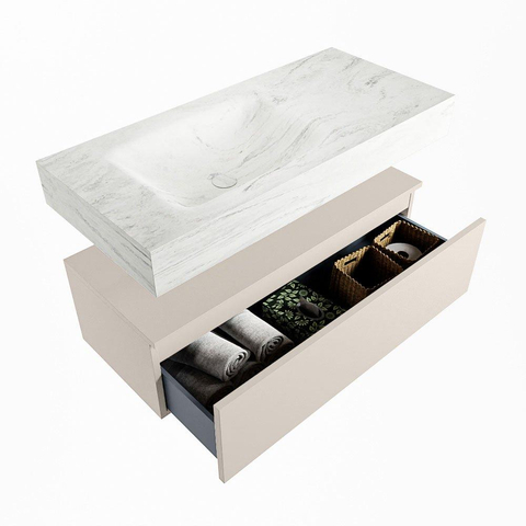 Mondiaz ALAN-DLUX Ensemble de meuble - 100cm - meuble Linen mat - 1 tiroir - Lavabo Cloud Opalo suspendu - vasque Gauche - 1 trou de robinet SW806568