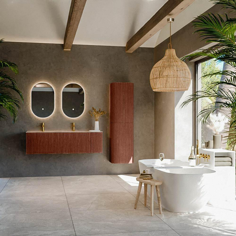 MONDIAZ KURVE-DLUX Meuble de salle de bains 145cm arrondi à droite couleur Ruby avec 1 tiroir et 1 porte. Lavabo LEAF Double / Gauche 2 trous de robinet Saba. SW1433497