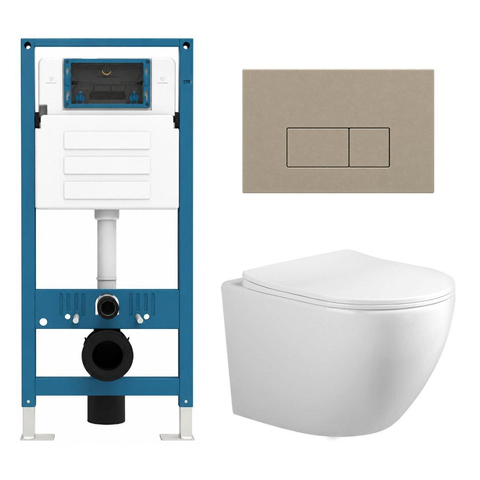 Adema Salina 2.0 Toiletset - 48.5x36x32cm - diepspoel - spoelrandloos - QeramiQ inbouwreservoir - softclose - quickrelease - toiletzitting - taupe kunststof bedieningsplaat - rechthoekige knoppen - wit SW1474576