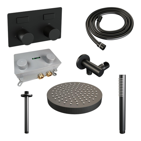 BRAUER Stripe Douche de tête thermostatique encastrée - boutons-poussoirs - SET 27 - pomme de douche 25cm - bras plafond - douchette à main barre - flexible de douche - coude mural - noir mat SW1435154