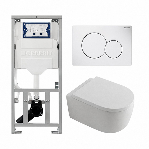 QeramiQ Dely Swirl Toiletset - 36.5x53cm - Geberit UP320 inbouwreservoir - met Burda frame - 35mm zitting - witte sigma bedieningsplaat - ronde knoppen - mat wit SW1138629