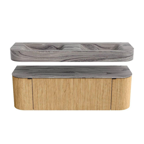 MONDIAZ THOR-DLUX Meuble de salle de bains 140cm arrondi gauche + droite couleur Oak avec 1 tiroir et 2 portes. Vasque suspendue CLOUD Double sans trou de robinet couleur Sombra. SW1464367