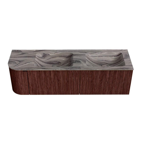 MONDIAZ KURVE-DLUX 155cm badmeubel ronding Links kleur Ruby met 2 lades en 1 deur. Wastafel LEAF Dubbel / Rechts 2 kraangaten Sombra. SW1433993