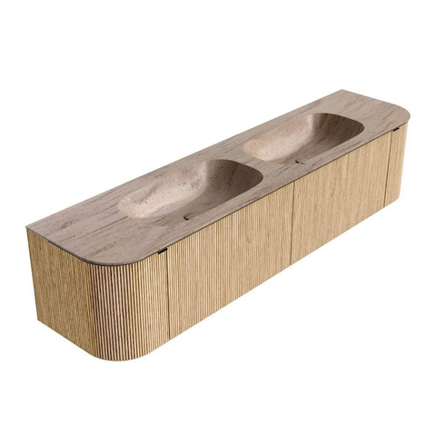 MONDIAZ KURVE-DLUX 190cm badmeubel ronding Links + Rechts kleur Oak met 2 lades en 2 deuren. Wastafel STOR SMALL Dubbel zonder kraangat Saba. SW1433114