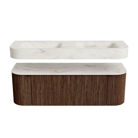 MONDIAZ THOR-DLUX 140cm badmeubel ronding links + rechts kleur Walnut met 1 lade en 2 deuren. Vrijhangende wastafel CLOUD Dubbel zonder kraangat kleur Ostra. SW1464087