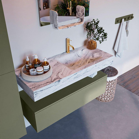 Mondiaz ALAN-DLUX Ensemble de meuble - 110cm - meuble Army mat - 1 tiroir - Lavabo Cloud Glace suspendu - vasque Droite - 1 trou de robinet SW805815