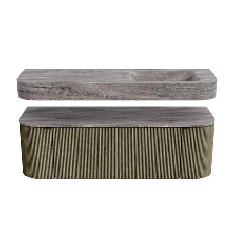 MONDIAZ THOR-DLUX 140cm meuble de salle de bains arrondi gauche + droite couleur Shadow avec 1 tiroir et 2 portes. Vasque suspendue CLOUD Droite sans trou de robinet couleur Oza. SW1464298
