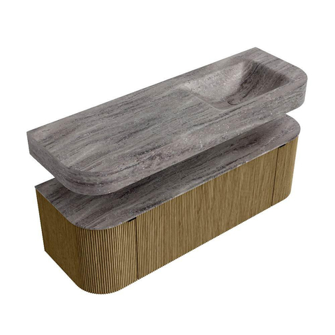 MONDIAZ THOR-DLUX 140cm meuble de salle de bains arrondi gauche + droite couleur Dusk avec 1 tiroir et 2 portes. Vasque suspendue CLOUD Droite 1 trou de robinet couleur Oza. SW1464280