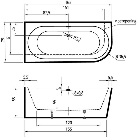 Xenz charley xs baignoire d'angle, gauche 165x75x58 bicolore blanc/argile avec trop-plein à fente. lavabo chromé SW381957