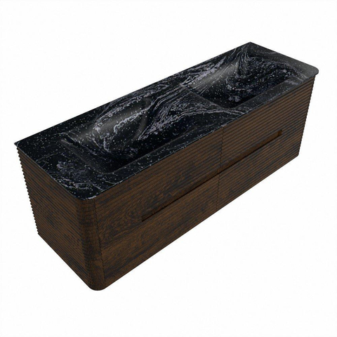 Mondiaz CIRO-DLUX Badkamermeubelset - 140x45x50cm - Solid surface wastafel Lava - 2 wasbak Dubbel - 2 kraangaten - 4 lades - Walnut SW1530201