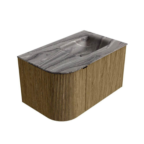 MONDIAZ KURVE-DLUX Meuble de salle de bains 75cm arrondi à gauche couleur Dusk avec 1 tiroir et 1 porte. Lavabo GRUNNE à droite 1 trou de robinet Sombra. SW1433822