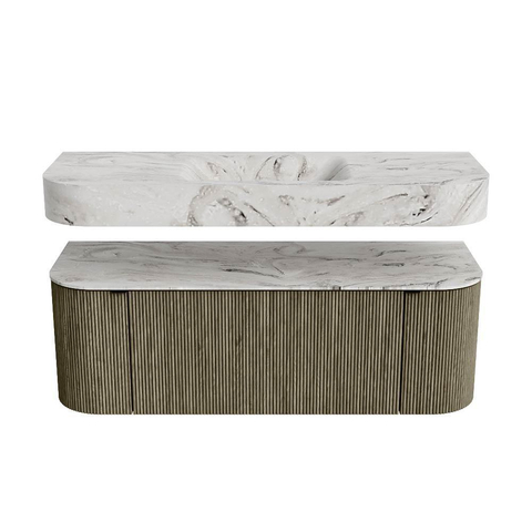 MONDIAZ THOR-DLUX 130cm badmeubel ronding links + rechts kleur Shadow met 1 lade en 2 deuren. Vrijhangende wastafel CLOUD Midden zonder kraangat kleur Glace. SW1463738