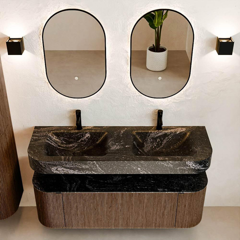 MONDIAZ THOR-DLUX Meuble de salle de bains 140cm arrondi gauche + droite couleur Walnut avec 1 tiroir et 2 portes. Vasque suspendue CLOUD Double 2 trous de robinet couleur Lava. SW1463964