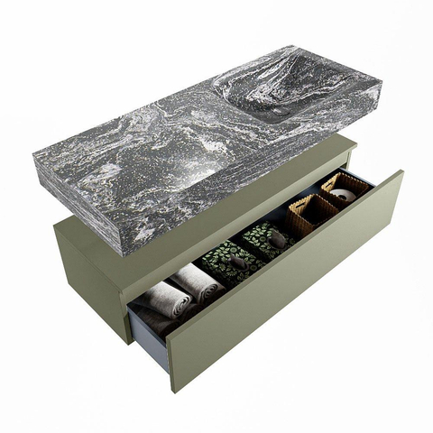 Mondiaz ALAN-DLUX Ensemble de meuble - 120cm - meuble Army mat - 1 tiroir - Lavabo Cloud Lava suspendu - vasque Droite - 1 trou de robinet SW808641