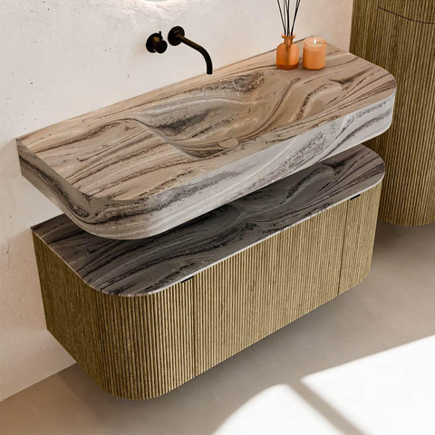 MONDIAZ THOR-DLUX Meuble de salle de bains 110cm arrondi gauche + droite couleur Dusk avec 1 tiroir et 2 portes. Vasque suspendue CLOUD Milieu sans trou de robinet couleur Sombra. SW1463019