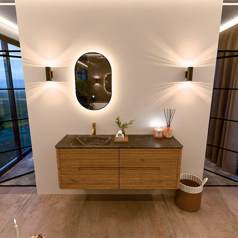 Mondiaz CIRO-DLUX Ensemble de meuble de salle de bains - 140x45x50cm - Vasque en solid surface Lava - 1 lavabo à gauche - 1 trou de robinet - 4 tiroirs - Chêne SW1531115
