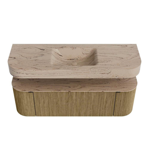 MONDIAZ THOR-DLUX 140cm meuble de salle de bains arrondi gauche + droite couleur Dusk avec 1 tiroir et 2 portes. Vasque suspendue CLOUD Milieu 1 trou de robinet couleur Arena. SW1464379