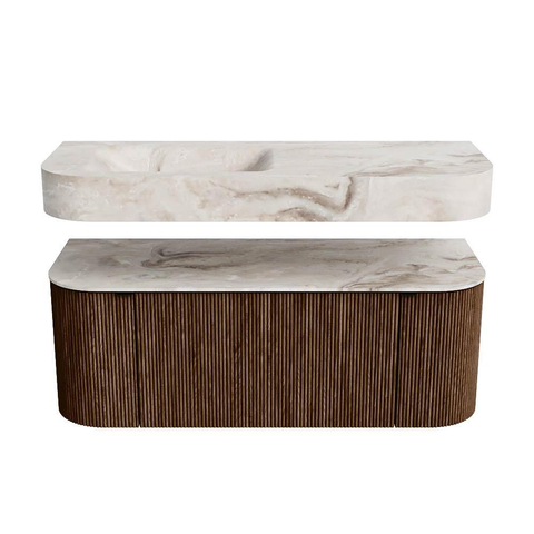 MONDIAZ THOR-DLUX 120cm meuble de salle de bains arrondi gauche + droite couleur Walnut avec 1 tiroir et 2 portes. Vasque suspendue CLOUD gauche 1 trou de robinet couleur Frappe. SW1463193
