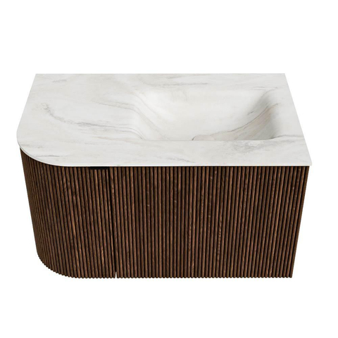 MONDIAZ KURVE-DLUX Meuble de salle de bains 75 cm avec module 25 L couleur Walnut avec 1 tiroir et 1 porte. Lavabo GRUNNE à droite 1 trou de robinet couleur Ostra. SW1137799