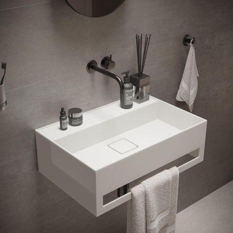 Ideavit SolidBliss Wastafel 60x40x20cm 0 kraangaten met handdoekhouder Solid surface mat wit SW420097