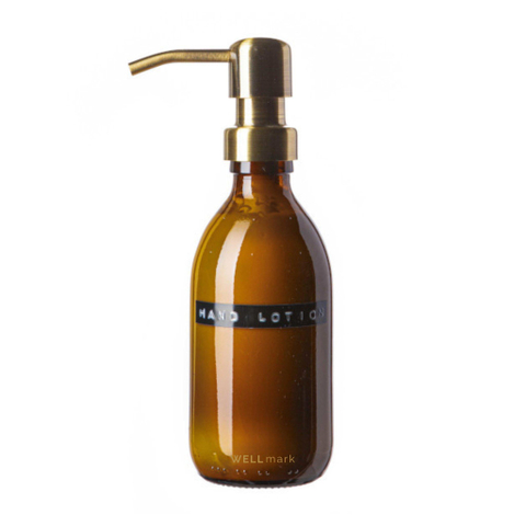 Wellmark Handcreme bruin glas messing pomp 250ml tekst HAND LOTION Black label SHOWROOMMODEL SHOW23447