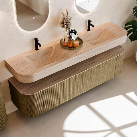MONDIAZ THOR-DLUX 180cm meuble de salle de bains arrondi gauche + droite couleur Dusk avec 2 tiroirs et 2 portes. Vasque suspendue CLOUD Double 2 trous de robinet couleur Saba. SW1466261