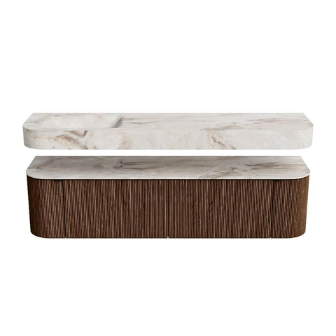 MONDIAZ THOR-DLUX 180cm badmeubel ronding links + rechts kleur Walnut met 2 lades en 2 deuren. Vrijhangende wastafel CLOUD Links zonder kraangat kleur Frappe. SW1465933