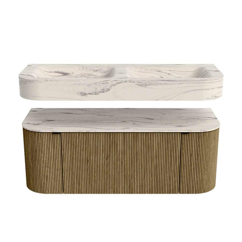 MONDIAZ THOR-DLUX 120cm meuble de salle de bains arrondi gauche + droite couleur Dusk avec 1 tiroir et 2 portes. Vasque suspendue CLOUD Double 2 trous de robinet couleur Nata. SW1463388