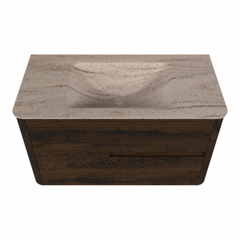 Mondiaz CIRO-DLUX Badkamermeubelset - 90x45x50cm - Solid surface wastafel Saba - 1 wasbak Midden - 1 kraangat - 2 lades - Walnut SW1530649