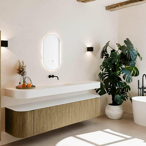 MONDIAZ THOR 200cm meuble de salle de bains arrondi gauche + droite couleur Dusk avec 2 tiroirs et 2 portes. Vasque suspendue CLOUD Milieu sans trou de robinet couleur Talc. SW1466827