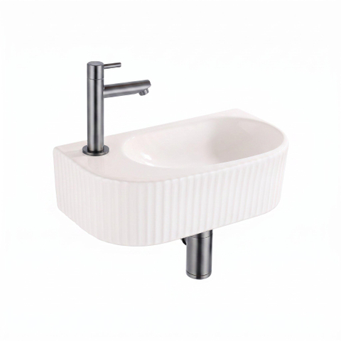 QeramiQ Fuente Fontein - 40x22x12cm - ribbel - halfrond - fonteinkraangat links - keramiek - fonteinkraan geborsteld gunmetal - verlaagd sifon - afvoerplug - linnen SW1583213
