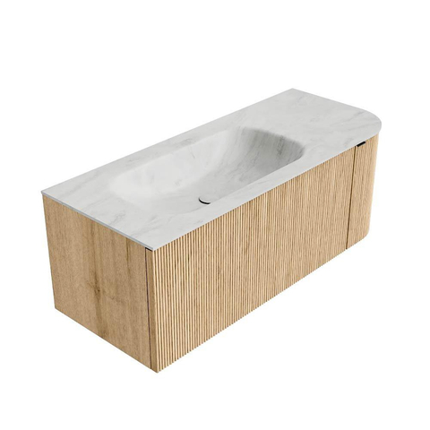 MONDIAZ KURVE-DLUX meuble de salle de bains 115cm avec module 25 R couleur chêne avec 1 tiroir et 1 porte. Lavabo BIG SMALL gauche sans trou de robinet couleur Opalo. SW1137529