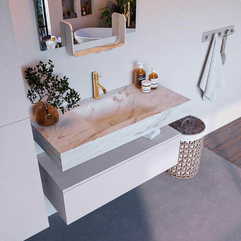 Mondiaz ALAN-DLUX Ensemble de meuble - 100cm - meuble Cale mat - 1 tiroir - Lavabo Cloud Frappe suspendu - vasque Centre - 1 trou de robinet SW805208