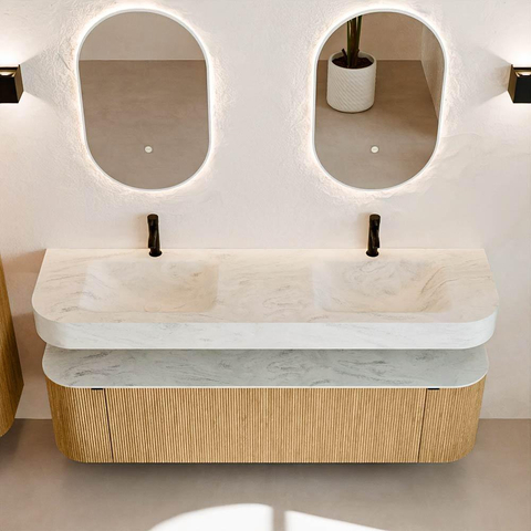 MONDIAZ THOR-DLUX 170cm meuble de salle de bains arrondi gauche + droite couleur Oak avec 1 tiroir et 2 portes. Vasque suspendue CLOUD Double 2 trous de robinet couleur Opalo. SW1465436
