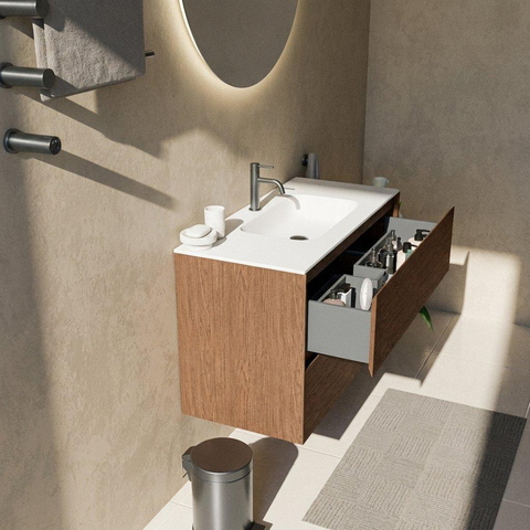 Saniclass Holz Pure Badkamermeubelset - 100x45x61.5cm - Flow solid surface wastafel wit - 1 wasbak - 1 kraangat - 2 lades - mat walnut pure (hout) SW1478410