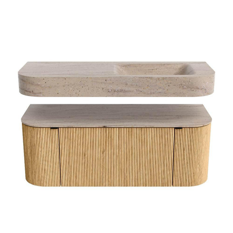 MONDIAZ THOR-DLUX 120cm badmeubel ronding links + rechts kleur Oak met 1 lade en 2 deuren. Vrijhangende wastafel CLOUD Rechts 1 kraangat kleur Saba. SW1463479