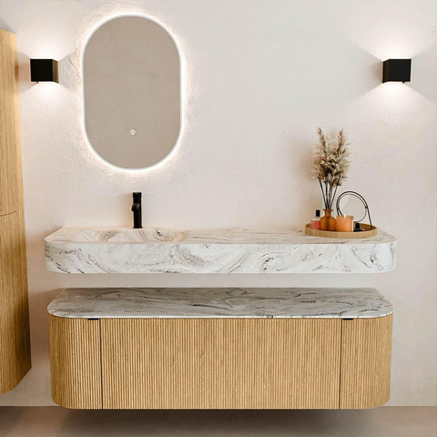 MONDIAZ THOR-DLUX 150cm badmeubel ronding links + rechts kleur Oak met 1 lade en 2 deuren. Vrijhangende wastafel CLOUD Links 1 kraangat kleur Glace. SW1464591
