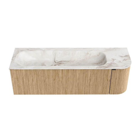 MONDIAZ KURVE-DLUX meuble de salle de bains 145 cm avec module 25 R couleur Oak avec 1 tiroir et 1 porte. Lavabo BIG LARGE gauche 2 trous de robinet couleur Frappe. SW1137368