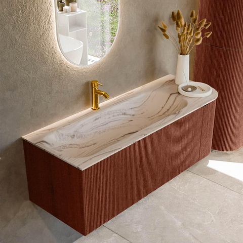 MONDIAZ KURVE-DLUX 125cm badmeubel ronding Rechts kleur Ruby met 1 lade en 1 deur. Wastafel BIG MEDIUM Links 1 kraangat Nata. SW1432536