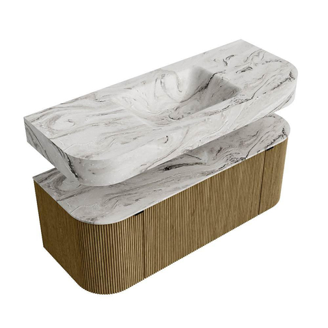 MONDIAZ THOR-DLUX 120cm badmeubel ronding links + rechts kleur Dusk met 1 lade en 2 deuren. Vrijhangende wastafel CLOUD Midden 1 kraangat kleur Glace. SW1463238