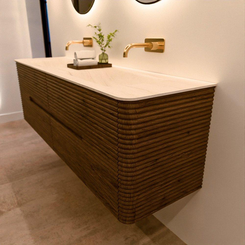 Mondiaz CIRO-DLUX Badkamermeubelset - 160x45x50cm - Solid surface wastafel Meli - 2 wasbak Dubbel - zonder kraangaten - 4 lades - Dusk SW1533181