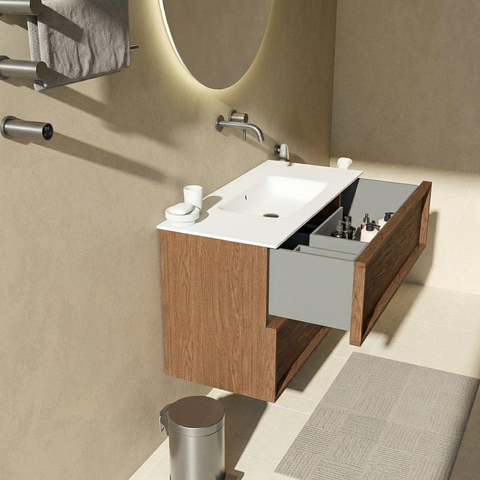Saniclass Holz Frame Badkamermeubelset - 100x45x61.5cm - Flow solid surface wastafel wit - 1 wasbak - zonder kraangat - 2 lades - mat walnut pure (hout) SW1579775