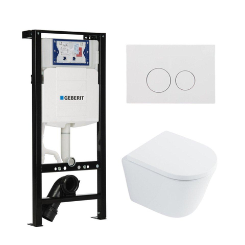 QeramiQ Dely Toiletset - 36.3x51.7cm - diepspoel - rimless - Geberit UP320 plieger inbouwreservoir - softclose toiletzitting - glans witte bedieningsplaat - ronde knoppen - mat wit SW1413228